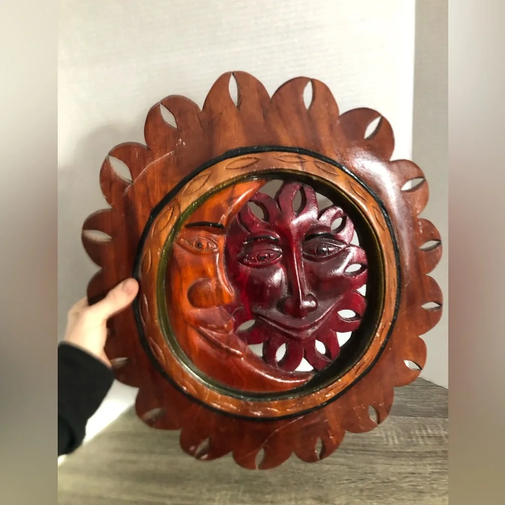 Hand Carved Wood Sun and Moon Wall Art - Picture 10 of 11